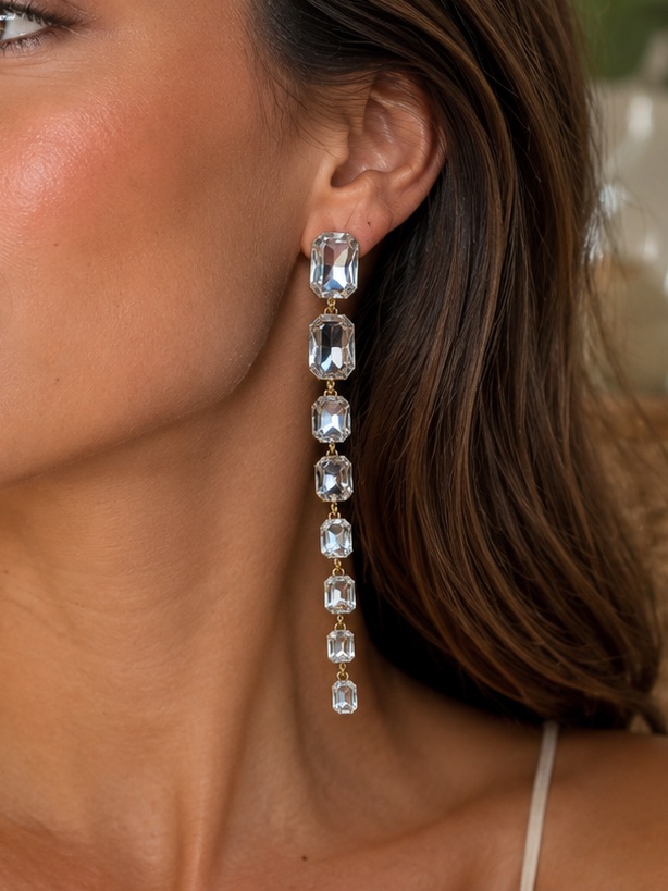 Natasha Couture Clear Crystal Linear Drop Earrings - Gold Tone